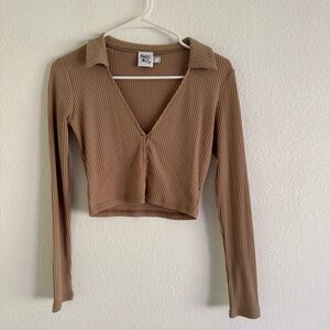 Princess Polly Brown Ribbed Long Sleeve Crop Top
